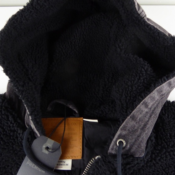 Levi’s Premium Faux Sherpa Sleeves Hybrid Denim Trucker Jacket w Hood NWT - Picture 2 of 12